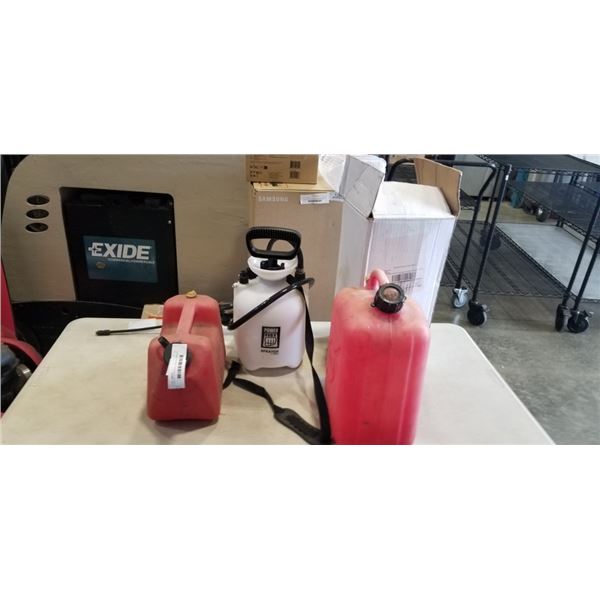 HDX AND POWER FIST GARDEN SPRAYERS, 2 SMALL JERRY CANS