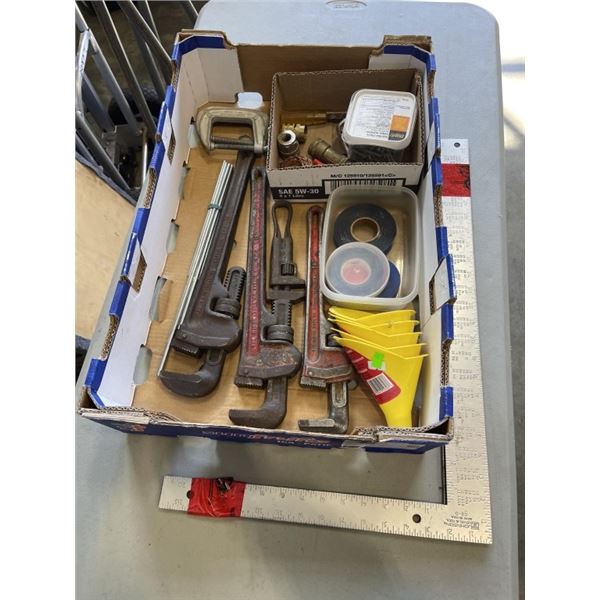 TRAY OF PIPE WRENCHES, SQUARE CLAMPS AND MORE