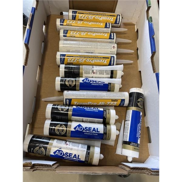 TRAY OF NEW AD SEAL SILCONE AND TREMCO PRO JS-773 SEALANT - 6 OF EACH, 12 TOTAL