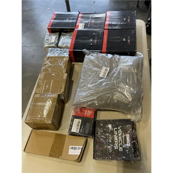 LARGE LOT OF NEW AUTOMOTIVE ITEMS INLCUDING HITCH TIGHTENERS, GARBAGE CANS, RESONATOR FILTERS AND MO