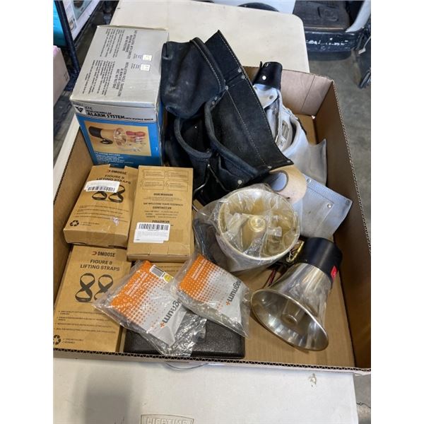 BOX OF ELECTRIC SIRENS, TOOL BELT AND MORE