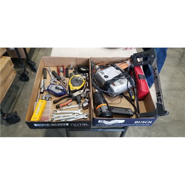 2 TRAYS OF SOCKETS, AIR COMPRESSOR HAND TOOLS AND MORE