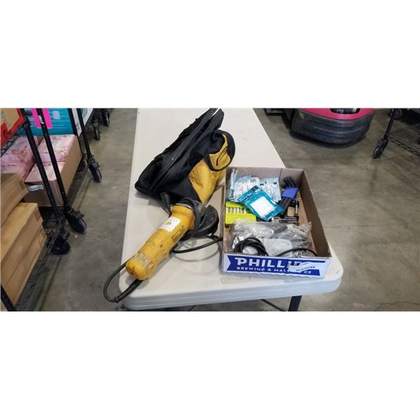 DEWALT 4.5 INCH ANGLE GRINDER AND TRAY OF SHOP TOOLS AND SUPPLY