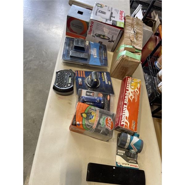 BOX OF MISC ITEMS, MOSLY NEW - VANITY LIGHT, MASTERCRAFT LASER LEVEL, SIRIUS RADIO KIT, ETC
