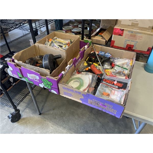 TRAY OF ASSORTED SHOP HARDWARE AND ROTARY TOOL, GLU GUNS ETC AND TRAY OF HALOGEN REPLACEMENT BULBS, 