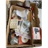 Image 1 : TRAY OF SHOP TOOLS AND HARDWARE INLCUDING BENCH VISE, ELECTRIC AIR PUMP