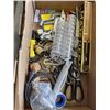 Image 2 : TRAY OF SHOP TOOLS AND HARDWARE INLCUDING BENCH VISE, ELECTRIC AIR PUMP