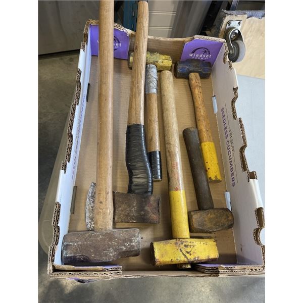 TRAY OF SLEDGE HAMMERS, AXE, AND MORE
