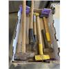 Image 1 : TRAY OF SLEDGE HAMMERS, AXE, AND MORE
