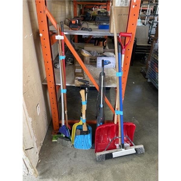 3 BUNDLES OF BROOMS, SHOVELS AND GARDEN TOOLS AND BISSEL VACUUM