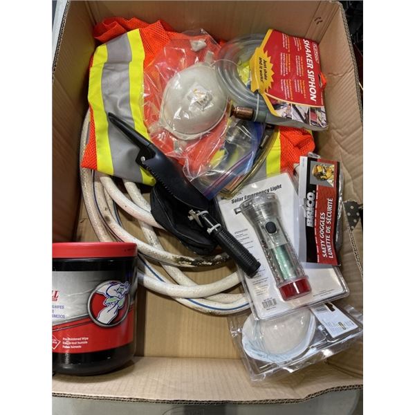 BOX OF WATER HOSE REFLECTIVE JACKET, PARTICLE MASKS EMERGENCY LIGHT AND MORE
