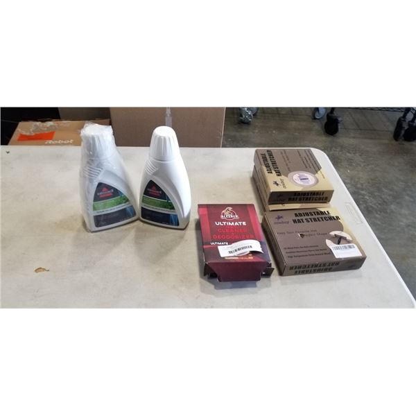 2 BISSELL EUCALYPTUS SOLUTION JUGS, HAT CLEANER AND DEODORIZER, AND HAT STRETCHERS