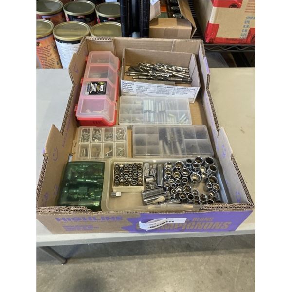 TRAY OF SOCKETS, DRILL BITS AND HARDWARE