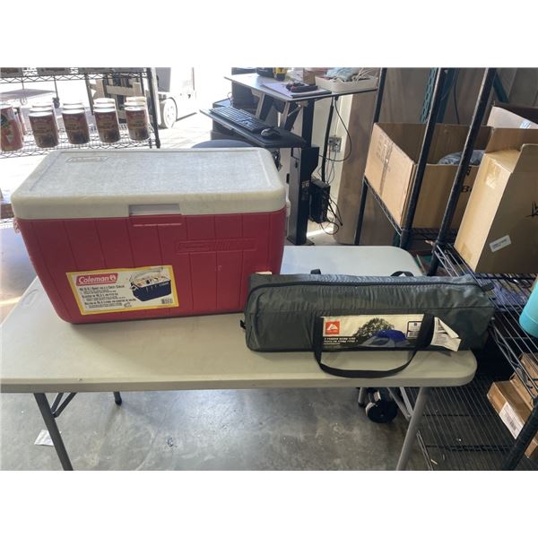 COLEMAN COOLER, WATER COOLER AND OZARK TRAIL 3 PERSON DOME TENT