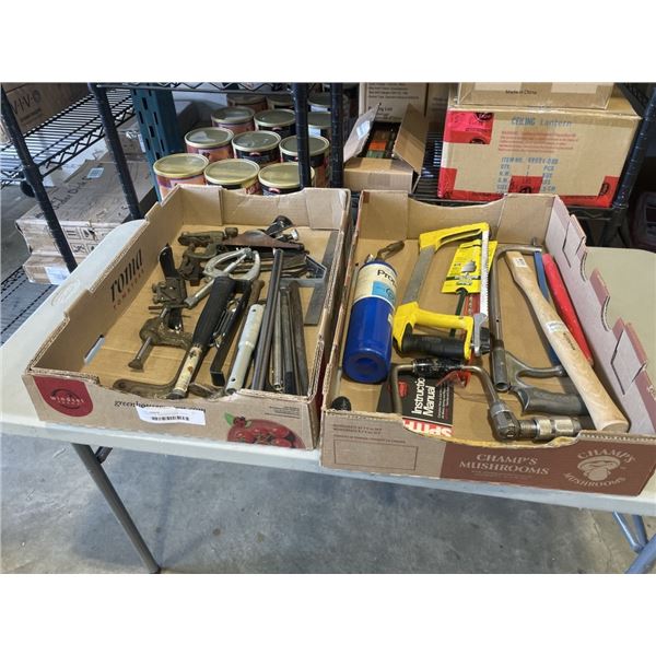 2 TRAYS OF ASSORTED HAND TOOLS, WOOD PLANE, HAMMER AND NAIL PULLERS ETC
