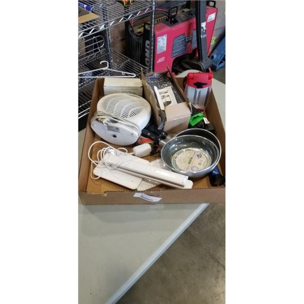 BOX OF NEW FRY PANS, SPICE RACK SHELF, FAN AND MORE