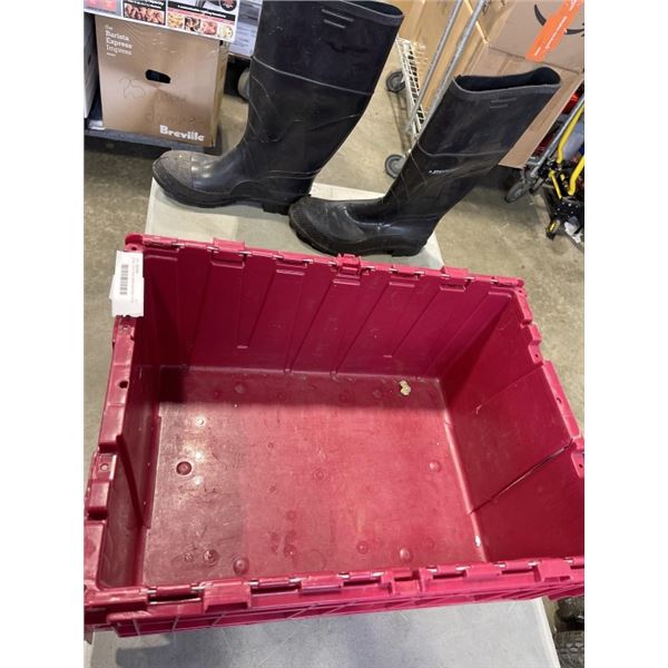 STEEL TOED SIZE 10 BOOTS AND RED TOTE