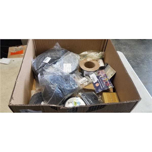 BOX OF NEW AMAZON ITEMS - GARDEN EDGING, RUBBER TUBING, LONGBOARD ROLL TAPE, ETC