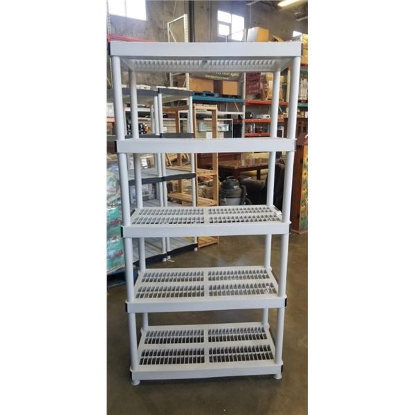 WHITE 4 TIER PLASTIC SHELVING UNIT APPROX 6FT TALL, 36" x 18"