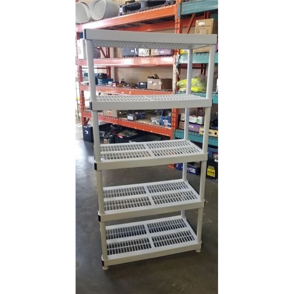 WHITE 4 TIER PLASTIC SHELVING UNIT APPROX 6FT TALL, 36" x 18"