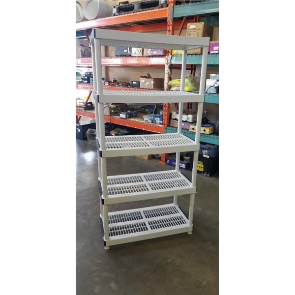WHITE 4 TIER PLASTIC SHELVING UNIT APPROX 6FT TALL, 36" x 18"