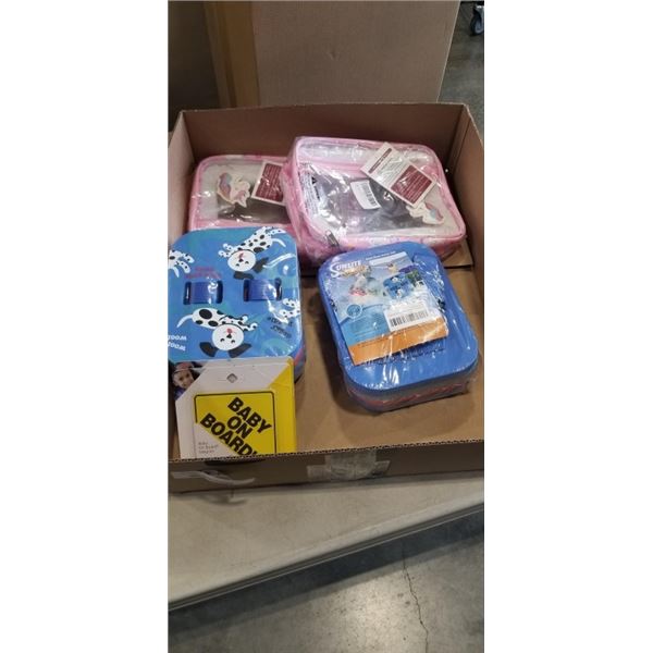 2 NEW GIRLS TRAVEL BAGS, 2 KIDS FLOATING DEVICES, AND 2 BABY ON BOARD SIGN