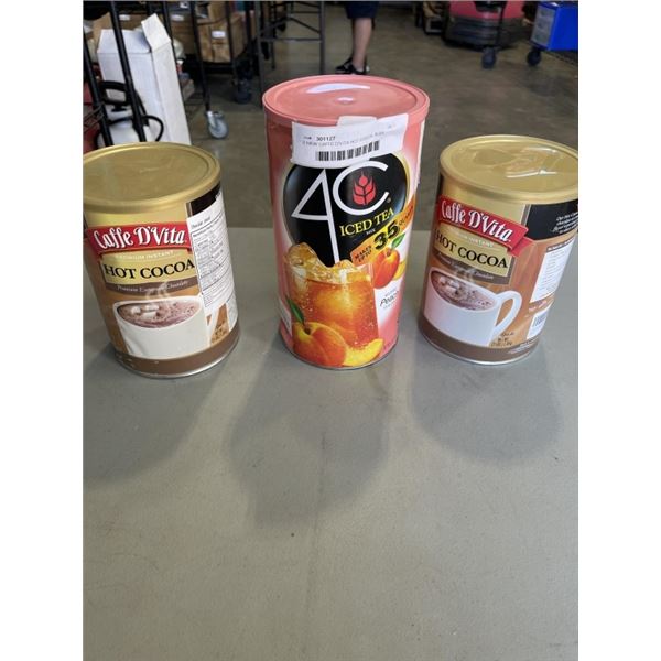 2 NEW CAFFE D'VITA HOT COCOA, 3LBS TUBS AND 1 NEW PEACH ICE TEA MIX 5LB
