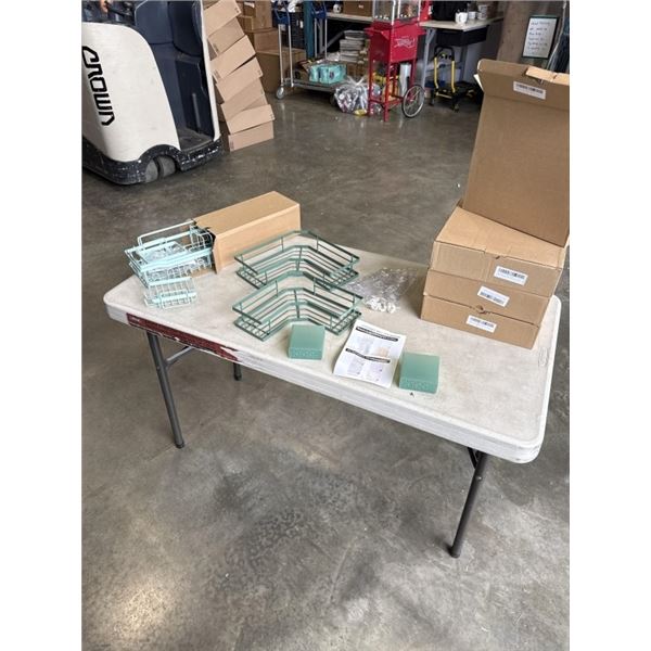 4 NEW CORNER SHOWER CADDY SETS AND ONE 5PC SHOWER CADDY SET, CORNER SETS ARE DARK GREEN