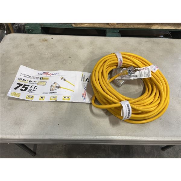 AS NEW 75FT YELLOW 3 OUTLET INDOOR OUTDOOR HEAVY DUTY LIGHTED 3 WIRE GROUNDED EXTENSION CORD 12AWG