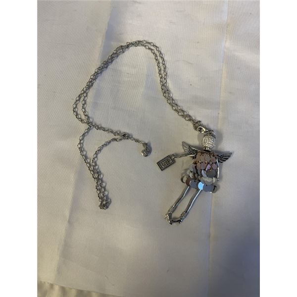 SILVER PLATED PENDANT W/ VERY LONG CHAIN NECKLACE MARKED JK