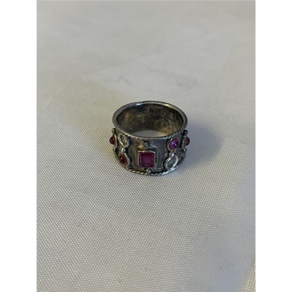 VINTAGE STERLING SILVER W/ RUBIES RING BAND SIZE 6.5 2 STONES MISSING