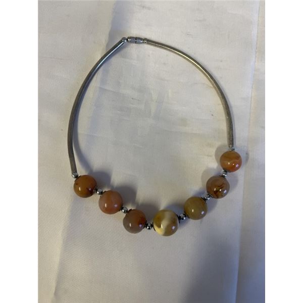VINTAGE SILVER TONE W/ AGATE STONE BEADS CHOKER NECKLACE