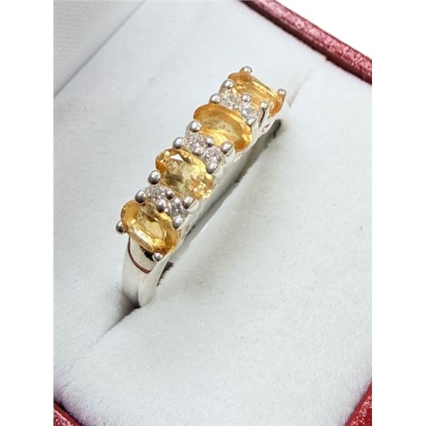 STERLING SILVER NATURAL CITRINE AND CZ RING, SIZE 5.25, RETAIL $350.00. CITRINE IS THE BIRTHSTONE FO