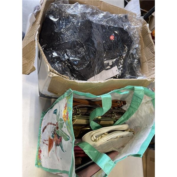 BOX AND BAG OF LADIES PURSES AND CLOTHING