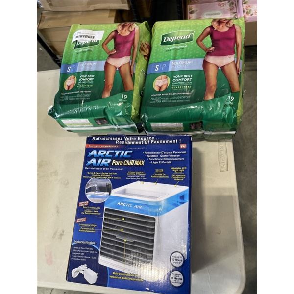 ARTIC AIR CHILL AND 2 NEW BAGS OF DEPENDS SIZE SMALL