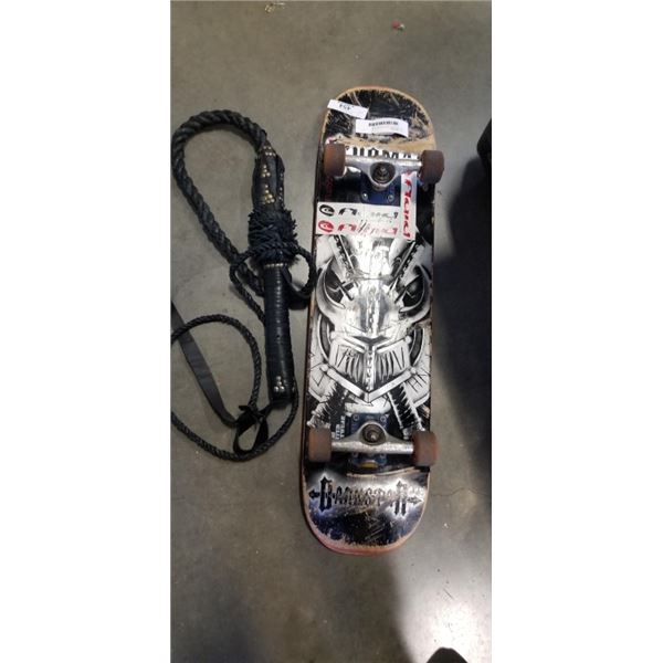 LEATHER WHIP AND SKATEBAORD