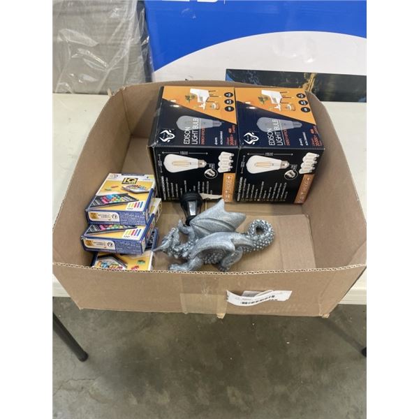 ASSORTED NEW AMAZON ITEMS INDLUDING DRAGON SOLAR LIGHT, EDISON BULBS, IQ GAMES