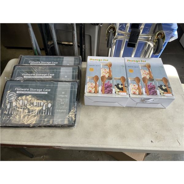 2 NEW 4PC GLASS JAR STORAGE SETS AND 3 NEW FLATWARE STORAGE CASES