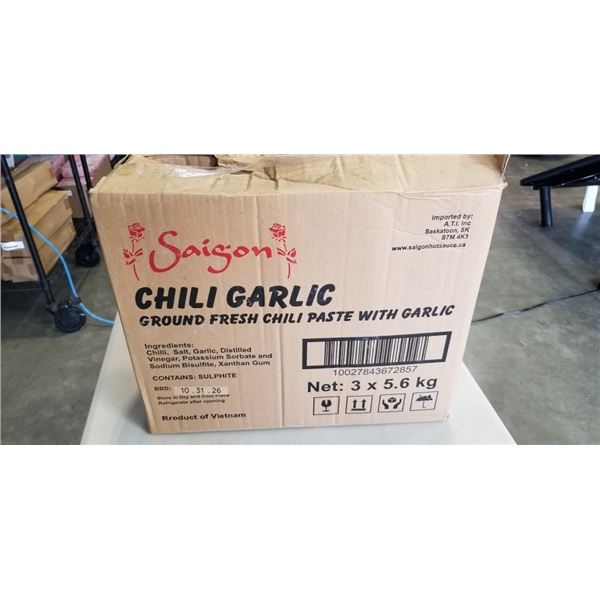 NEW CASE OF SAIGON CHILI GARLIC SAUCE, 3 5.6KG TUBS