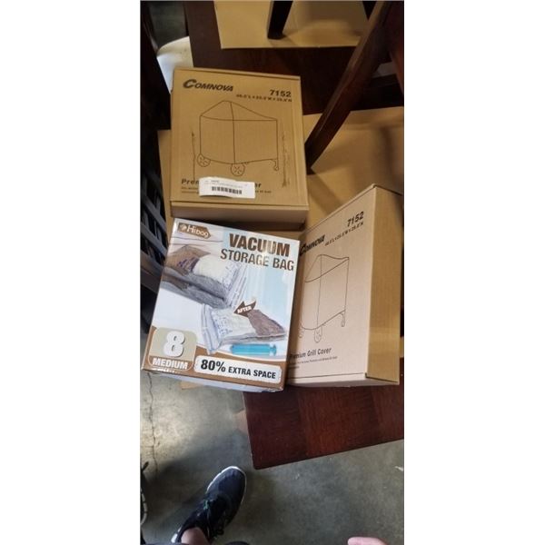 3 NEW BBQ COVERS AND SET OF NEW VACUUM STORAGE BAGS