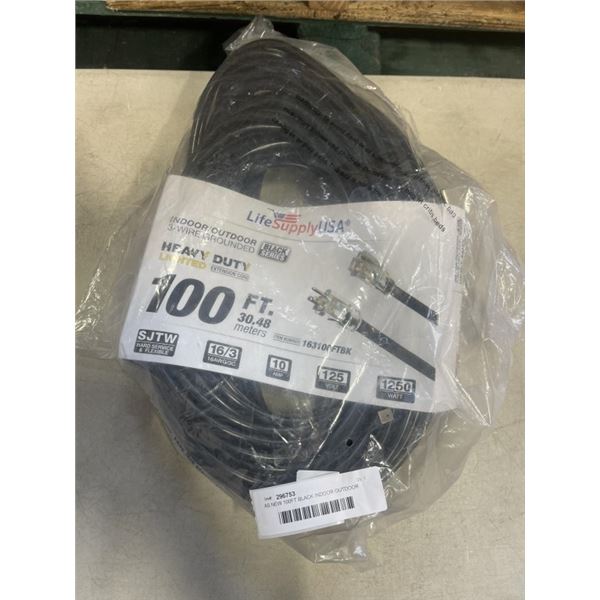 AS NEW 100FT BLACK INDOOR OUTDOOR HEAVY DUTY LIGHTED 3 WIRE GROUNDED EXTENSION CORD 16AWG