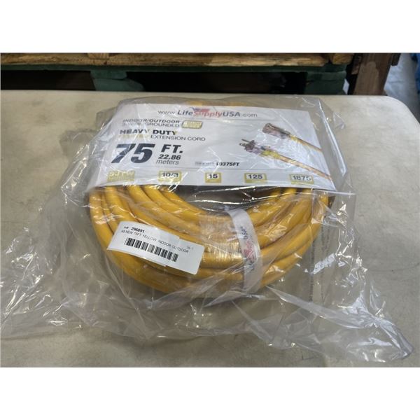 AS NEW 75FT YELLOW  INDOOR OUTDOOR HEAVY DUTY LIGHTED 3 WIRE GROUNDED EXTENSION CORD 10AWG