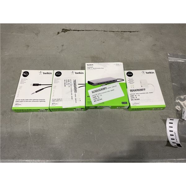 BELKIN CONNECT USB-C MULTIMEDIA HUB, BELKIN 3.5MM AUDIO + CHARGE ROCKSTAR CABLE, AND 2 BELKIN 3.5MM 