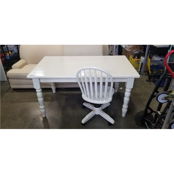 SOLID WOOD WHITE TABLE AND ROLLING CHAIR