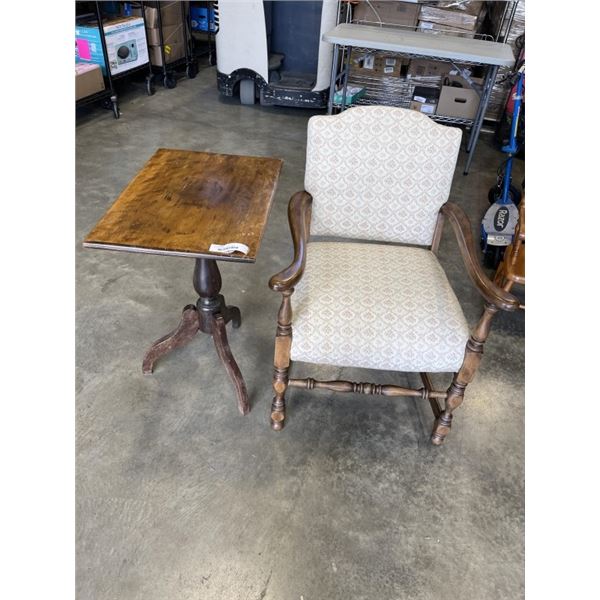 ANTIQUE CHAIR W/ SIDE TABLE