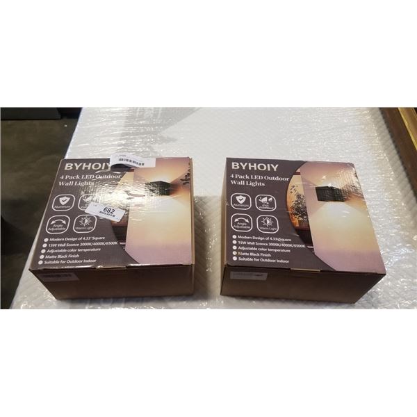 SET OF 8 NEW LED OUTDOOR WALL LIGHTS, ANGLE ADJUSTABLE, ALUMINUM, MATTE BLACK FINISH, 4 PER BOX