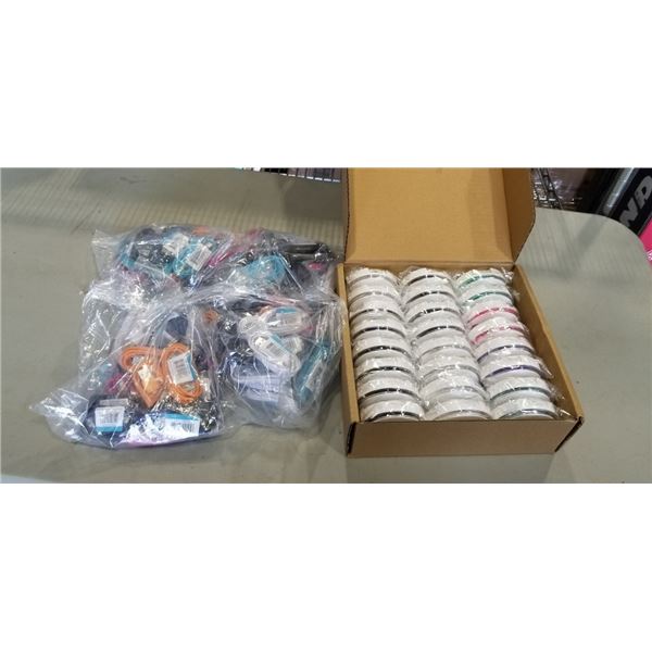 NEW BOX OF EARBUDS AND LARGE BAG OF NEW CHARGING CABELS