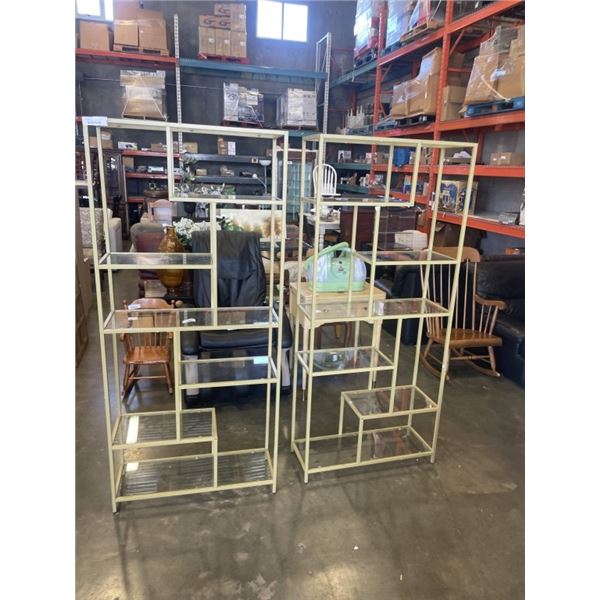2 MULTI TIERED GOLD TONE DISPLAY SHELF W/ GLASS SHELVES