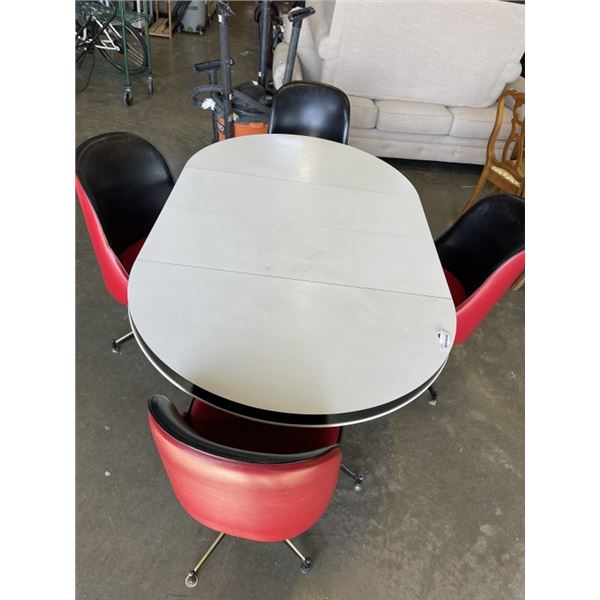 MCM DINING TABLE W/ 4 RED AND BLACK LEATHER CHAIRS AND LEAF