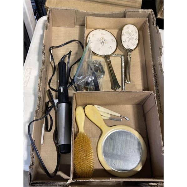 TRAY OF HOUSEHOLD ITEMS INCLUDING CURLING IRON AND VANITY SETS